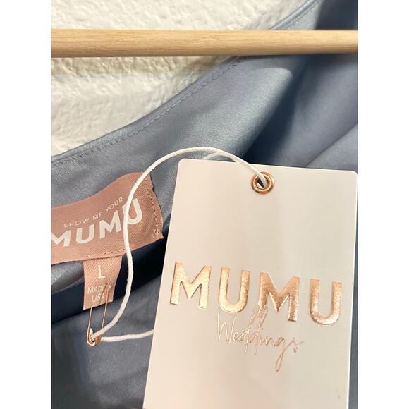 Show Me Your Mumu Jodie Maxi Dress in Steel Blue Luxe Satin L NWT - Picture 5 of 6